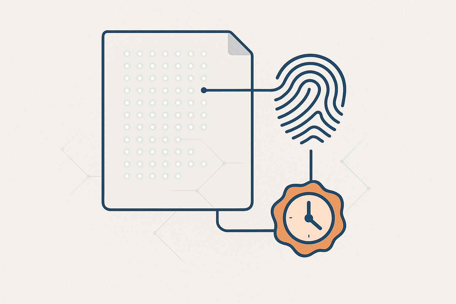 Konzeptbild: der digitale Fingerabdruck einer Datei wird von einem beaufsichtigten Zeitstempel besiegelt — Sinnbild für gerichtsfeste Beweissicherung.