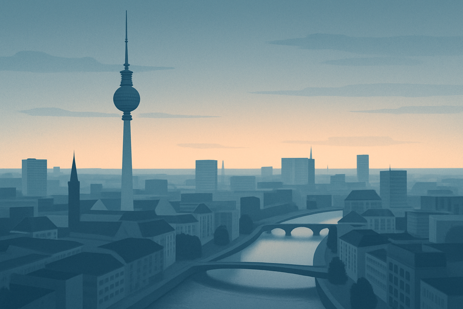 Illustrierte Skyline von Berlin mit Fernsehturm und Spree im Abendlicht
